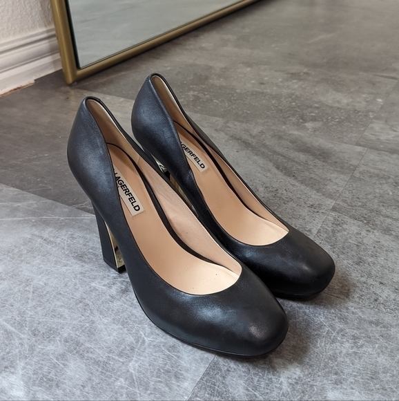 Karl Lagerfeld Leather Slip On Block Pump Black 7.5 luxury classic preppy party - Picture 1 of 11